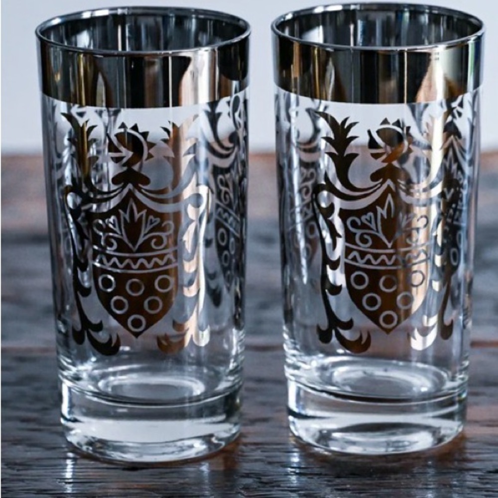 Elegant Kimiko  Silver Trimmed Glass Tumblers mid century bar ware